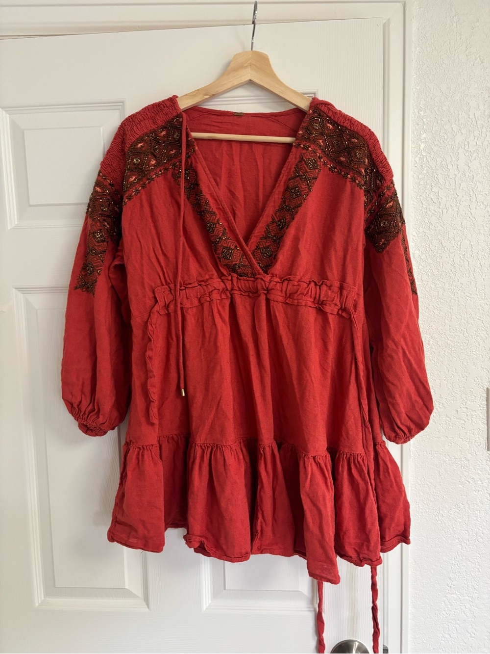 Red Orange Free People Cora Embroidered Mini Dress size S